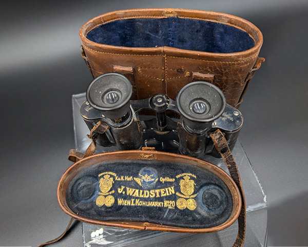 Top view of the Carl Zeiss Jena binoculars and case.