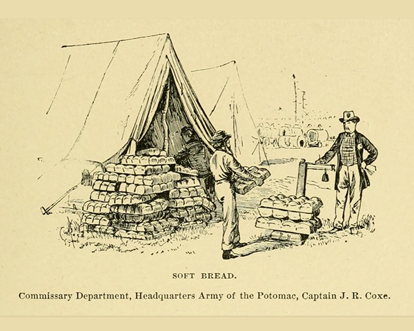 Illustration from Hard Tack and Coffee based on photo of Commissary Tent at HQ of Army of the Potomac 1863.