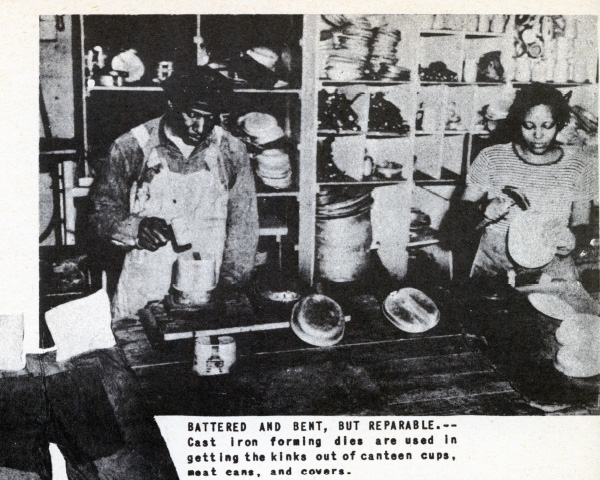 Civilians repairing mess kits and canteen cups