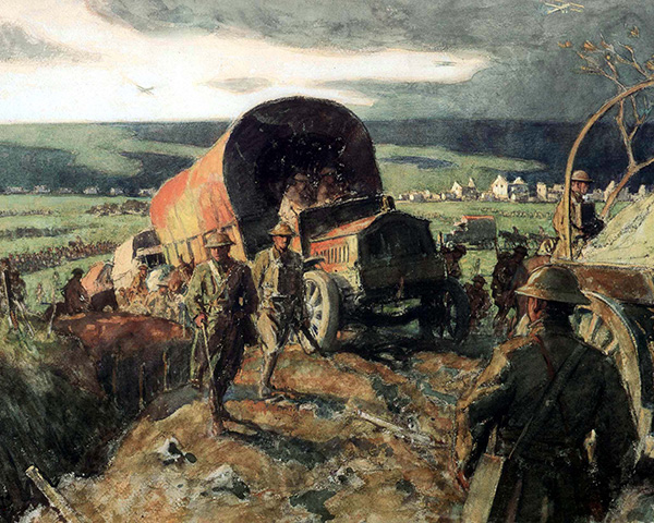 A painting of a US Army supply train in WWI France.