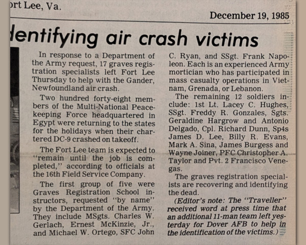 Article from the Traveller about the Gander Crash Site.