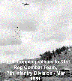 C-119 dropping rations to the 31 Reg Combat Team.