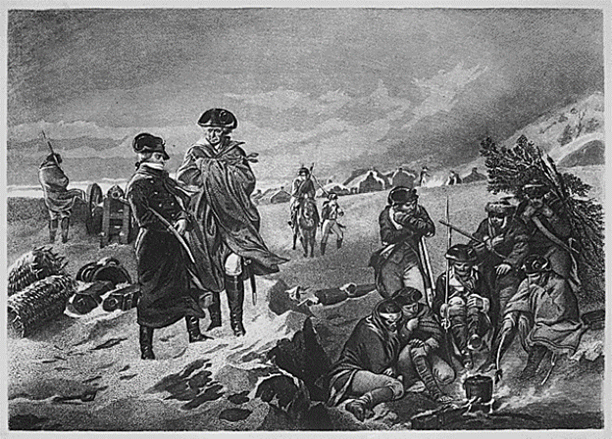 Drawing of George Washington and his Army at Valley Forge.