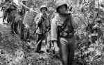 Soldiers marching through the jungle while hauling supplies.