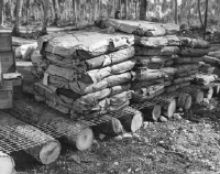 Logs covered with a thick grid metal fence for a pallet floor used to store supplies kept outside.