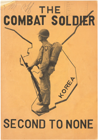 Cover of the 2ID Quartermaster Book with an outline map of Korea and a Soldier at attention with rifle at the southern tip.