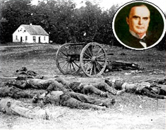 Photo from the Battle of Antietam with a profile photo of President McKinley in the top right corner.