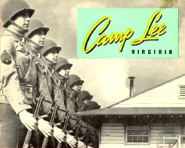 Promotional image showing Soldiers at parade rest on left side, half a wooden building in the bottom right, and in the top right theres a light green box with Camp Lee written in cursive with Virginia in black, upppercase, type.